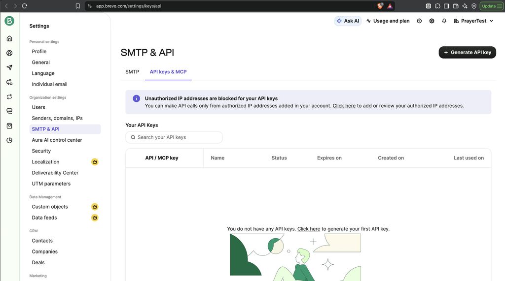 Brevo SMTP and API settings page with the Generate API key button and an empty key list