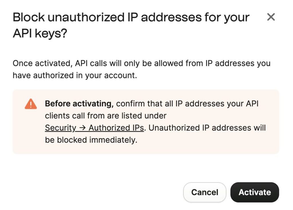 Brevo dialog asking to block unauthorized IP addresses, with Cancel and Activate buttons
