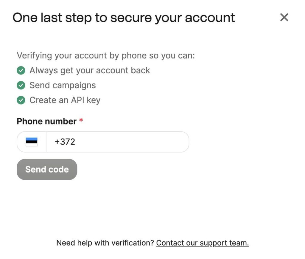 Brevo phone verification dialog asking for a mobile number to receive a code