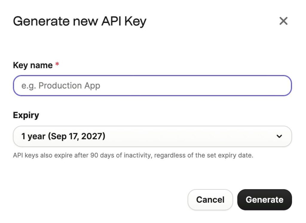 Brevo Generate new API key dialog with a key name field and expiry dropdown