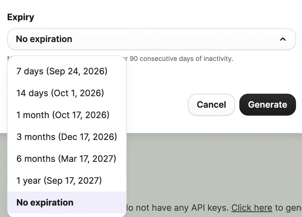Brevo API key expiry dropdown opened with No expiration selected