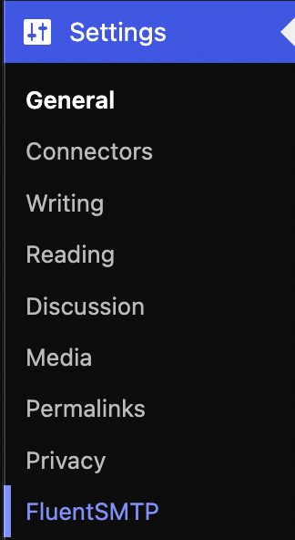 WordPress admin Settings submenu with the FluentSMTP entry highlighted