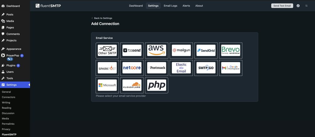 FluentSMTP Add Connection screen with a grid of email services including Brevo