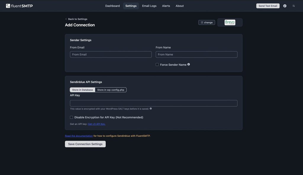 FluentSMTP Brevo SMTP connection form with sender settings and the API key field