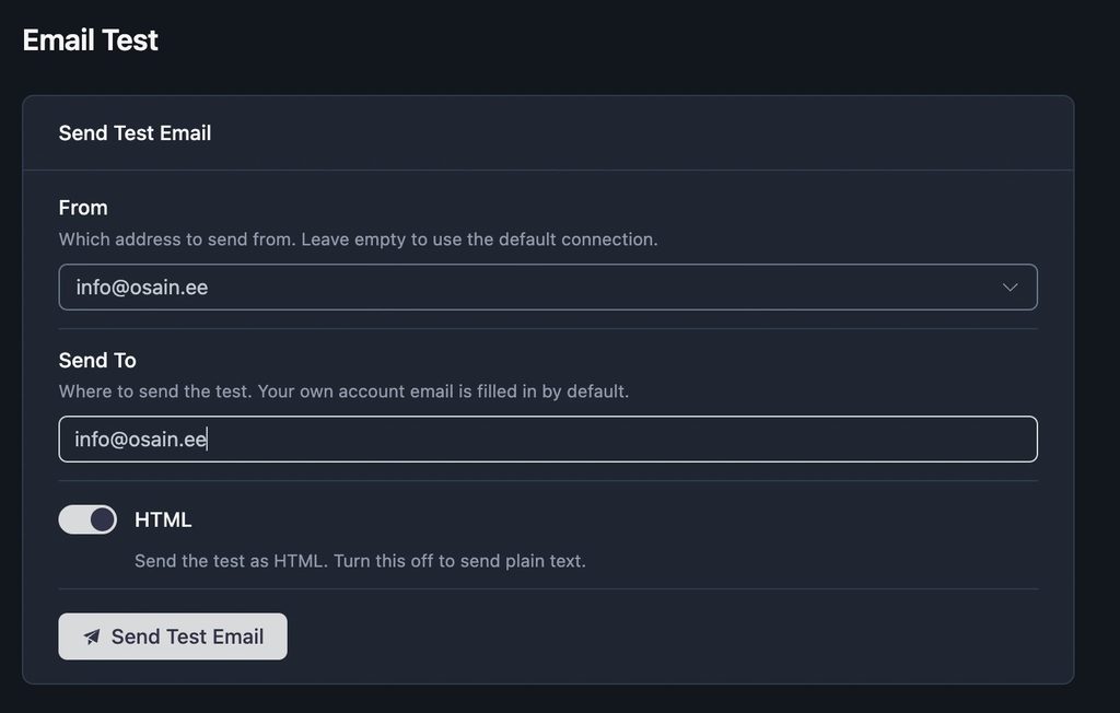FluentSMTP email test form with From address, Send To field and send button