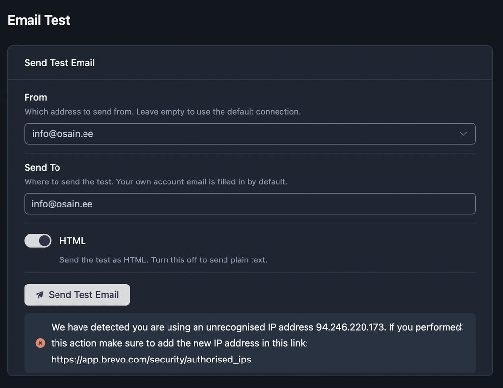 FluentSMTP test email error about an unrecognised IP address, linking to Brevo security