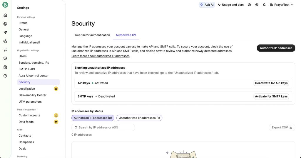 Brevo Security page with the Authorized IPs tab and API key blocking activated