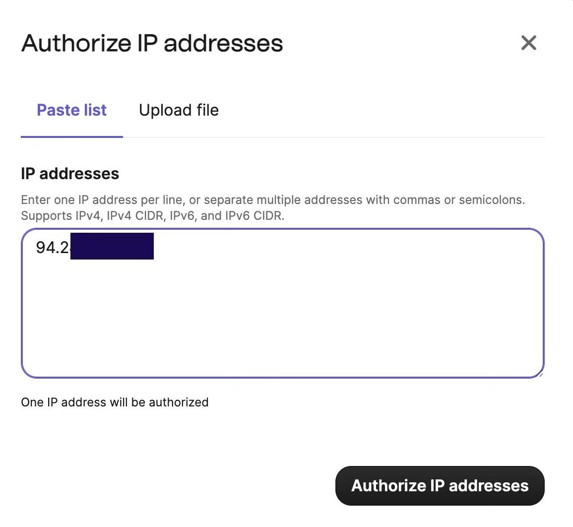 Brevo Authorize IP addresses dialog with an IP address pasted in